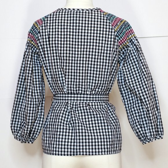 Madewell Smocked Gingham Top XXS Rainbow Stitching Tassel Belt Balloon Sleeve - Picture 2 of 8